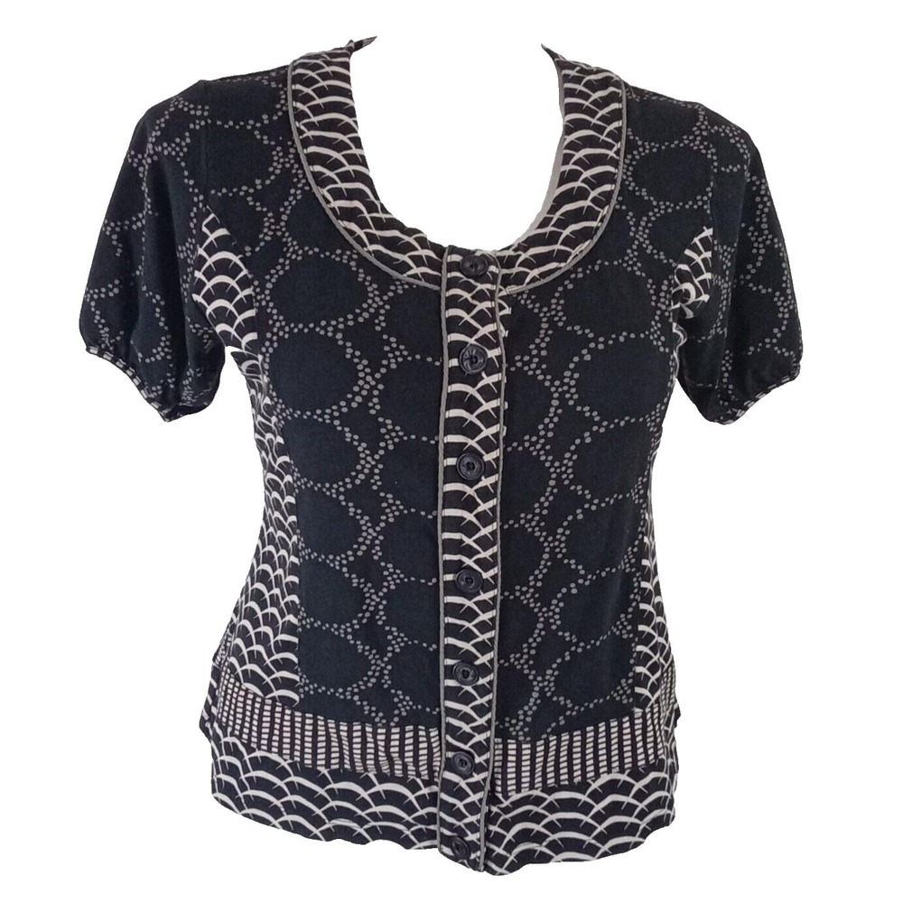 ANDREA Top L XL Black Beige Dot‎ Stripe Short Cap Sleeve Button Front Stretch